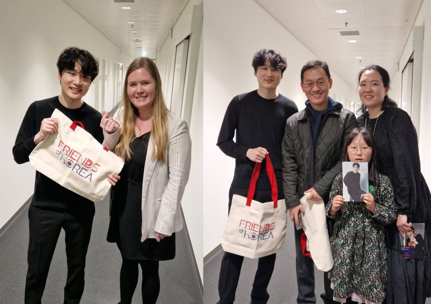 On the left, Inmo Yang is posing with Friends of Korea Program Manager Laura Aho. On the right, Friends of Korea giveaway winners, Junghwan Cho and his family are posing together for a picture, with an autograph in hand.