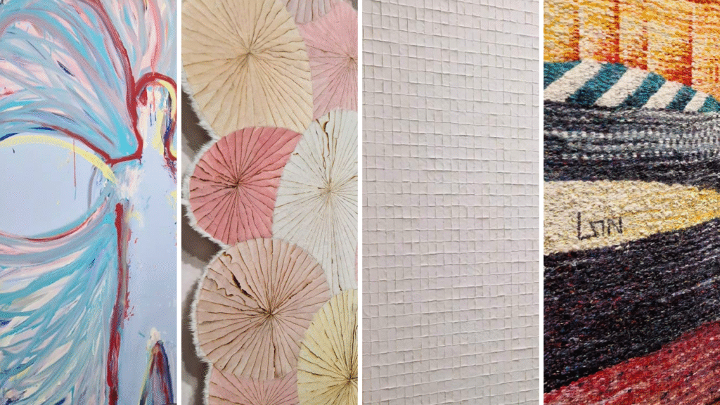 Artwork by various contemporary Korean artists, showcasing a variety of techniques and media.